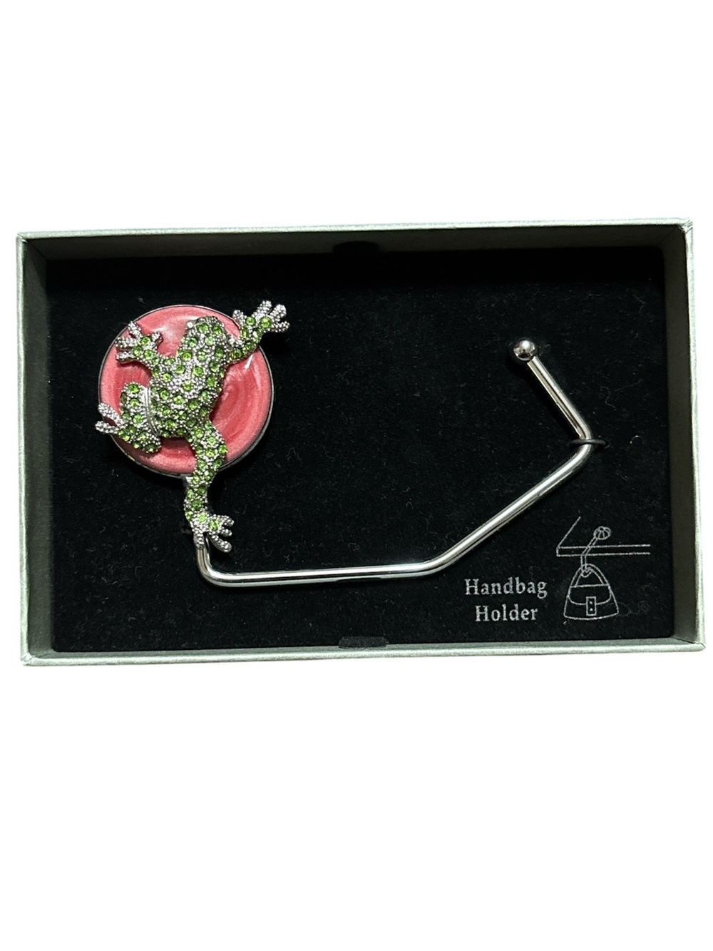 Green Crystal Frog Handbag Holder with Pink Enamel Base